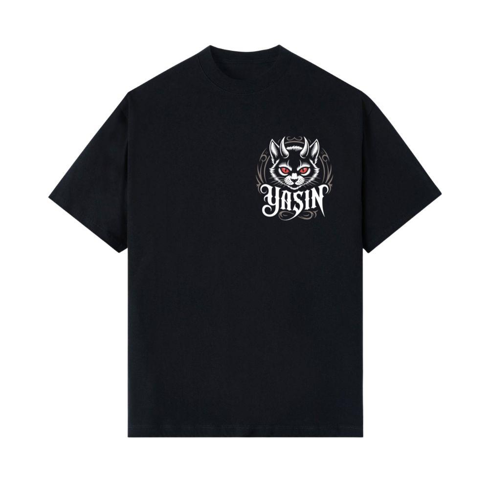 Yasin Evil Cat with Horns and Glowing Red Eyes Artwork T-Shirts