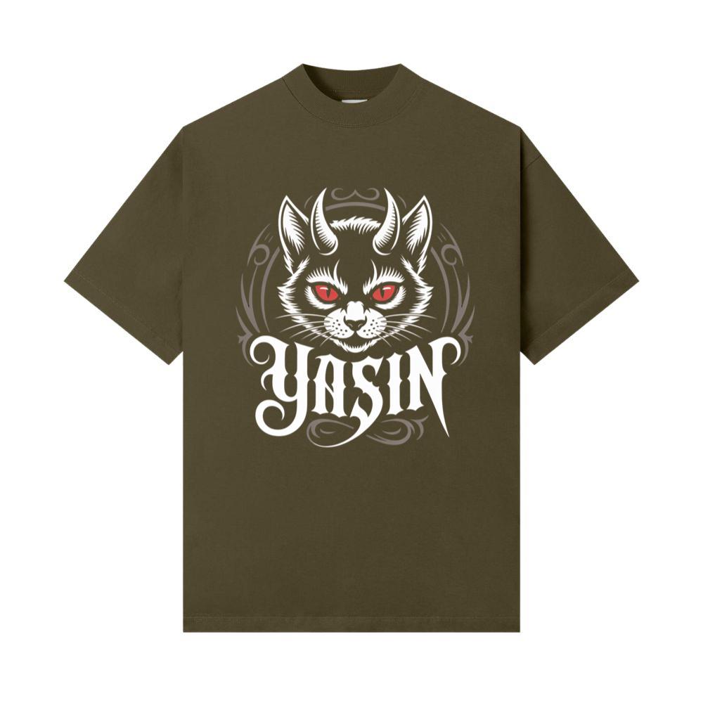 Yasin Evil Cat with Horns and Glowing Red Eyes Artwork T-Shirts - Image 2
