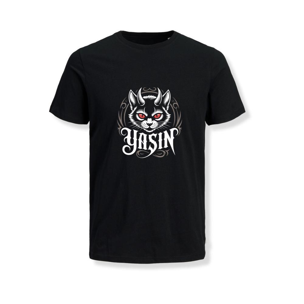 Yasin Evil Cat with Horns and Glowing Red Eyes Artwork T-Shirts
