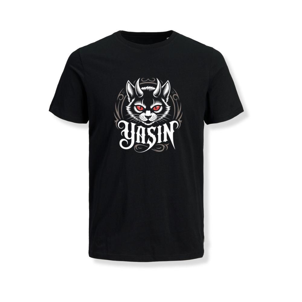 Yasin Evil Cat with Horns and Glowing Red Eyes Artwork T-Shirts