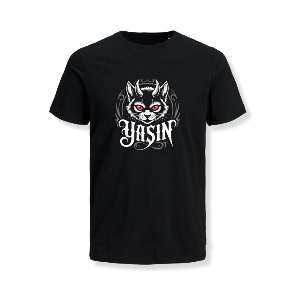 Yasin Evil Cat with Horns and Glowing Red Eyes Artwork T-Shirts