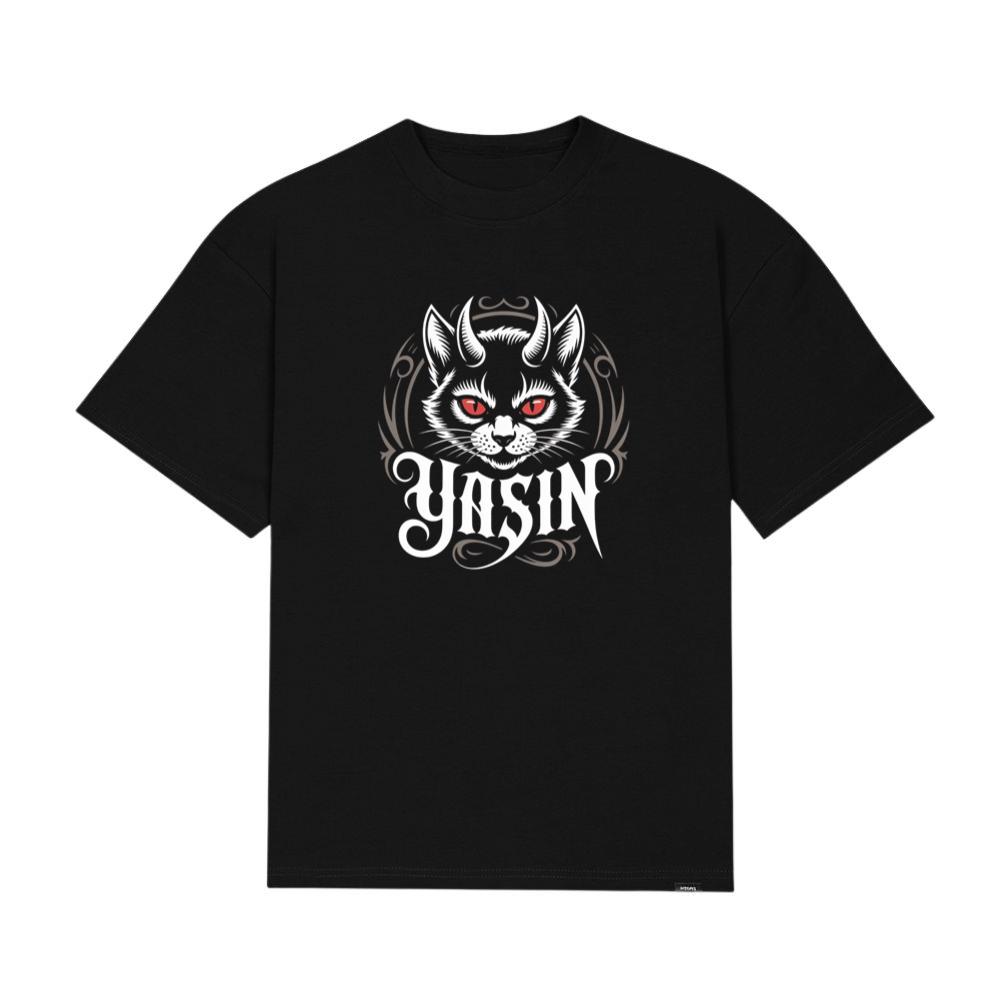 Yasin Evil Cat with Horns and Glowing Red Eyes Artwork T-Shirts