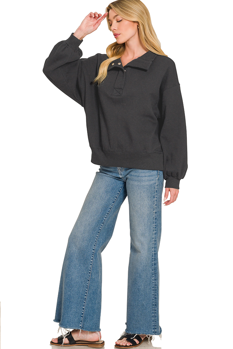 Zenana Fleece Half Snap Button Sweatshirt - Image 4