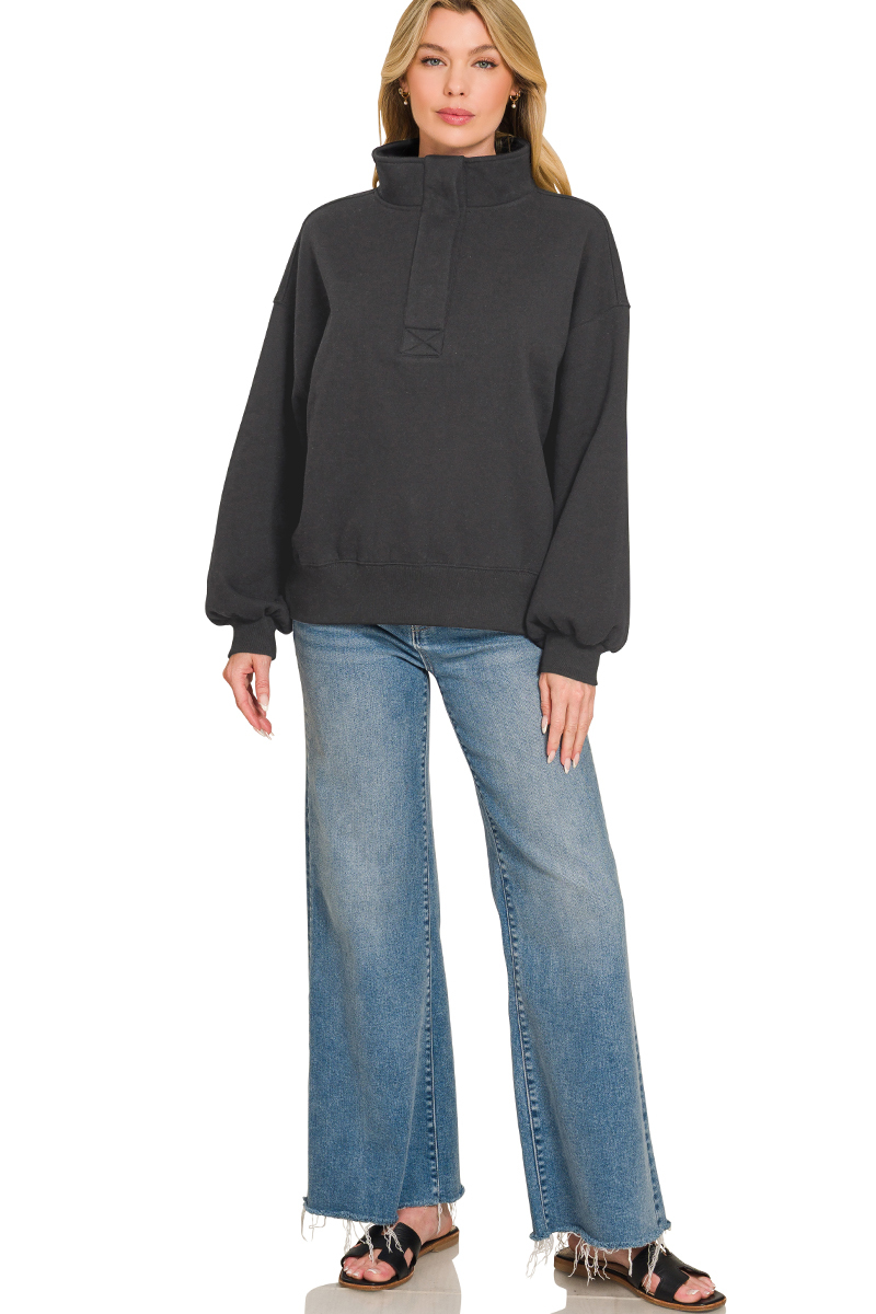 Zenana Fleece Half Snap Button Sweatshirt - Image 3